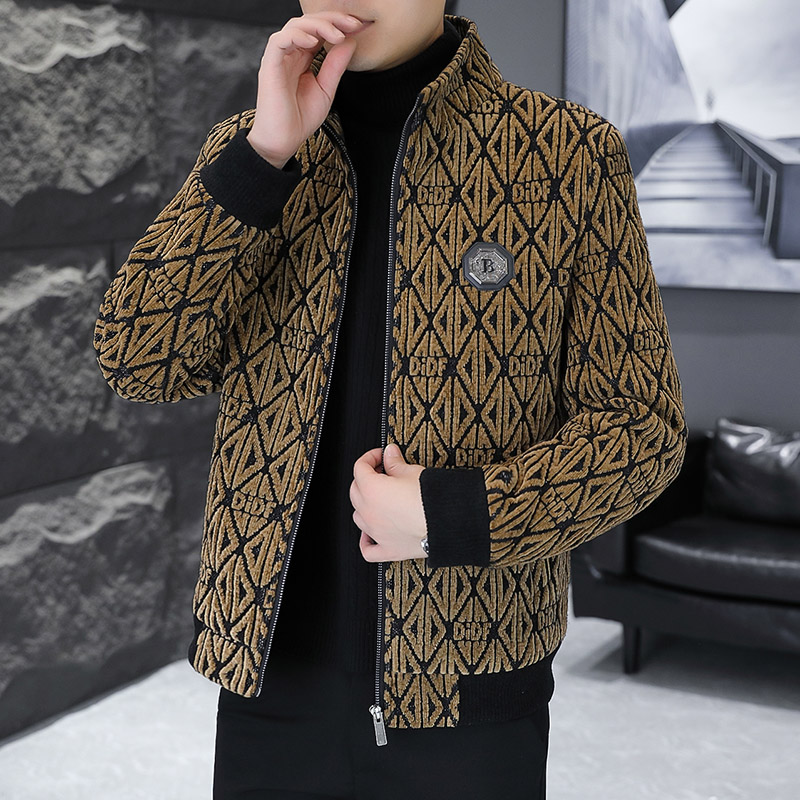 Streetwear Brand Fashion - Jaqueta de lã jacquard masculina, gola